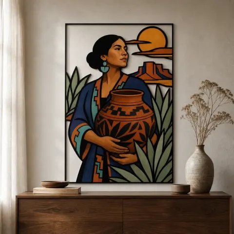 Donna del Sud Ovest con Ceramica Decorativa Insegna in Metallo Colorata