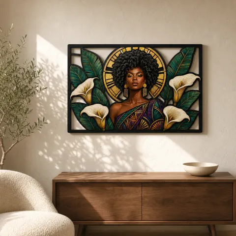 Femme Afro avec des Lys Calla et un Soleil Art Déco Décoration Murale en Métal Colorée