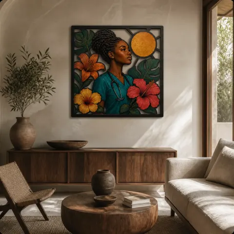 Enfermera Negra con Hibisco Tropical Arte Mural de Metal Colorido