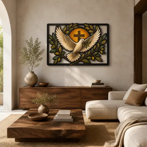 Arte Mural de Metal Colorido de Paloma Blanca con Cruz y Ramas de Olivo