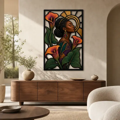 Femme Afro avec des Lys Calla et un Halo Doré Art Mural en Métal Coloré