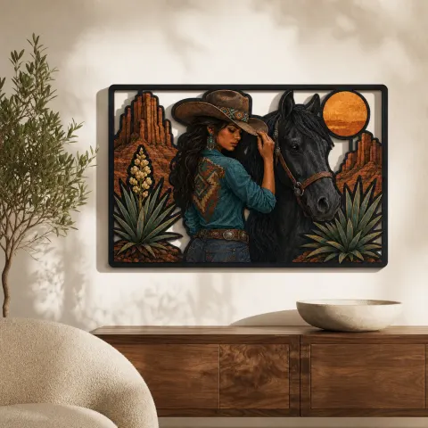 Vaquera con Caballo Negro y Luna del Desierto Cartel de Metal Colorido