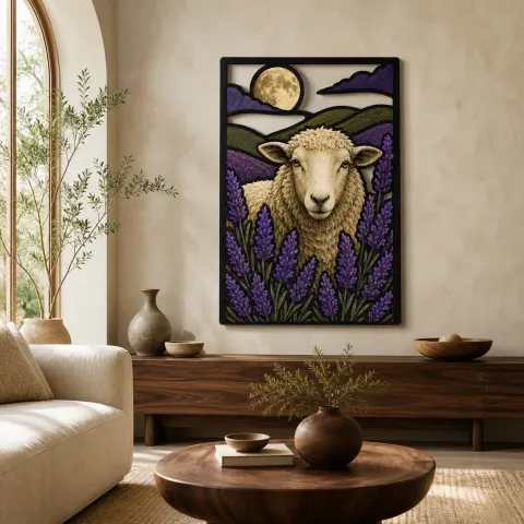 Oveja entre Campos de Lavanda bajo la Luna Llena Decoración Mural de Metal Colorida
