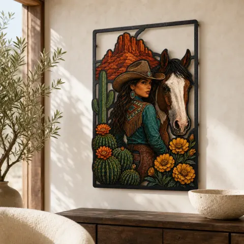 Cartel de metal colorido de vaquera con caballo pinto, cactus y caléndulas