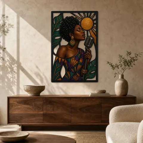 Chanteuse Afro Jazz avec Micro Vintage et Soleil - Décoration Murale en Métal Colorée