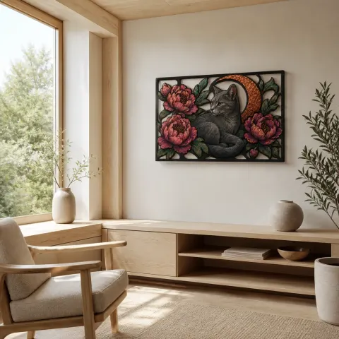 Vista alternativa di Gatto Blu Russo con Peonie Rosa e Luna Insegna in Metallo Colorata