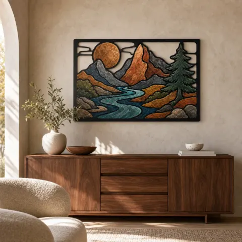 Río de Montañas de Media Edad bajo Luna de Cobre Decoración Mural de Metal Colorida