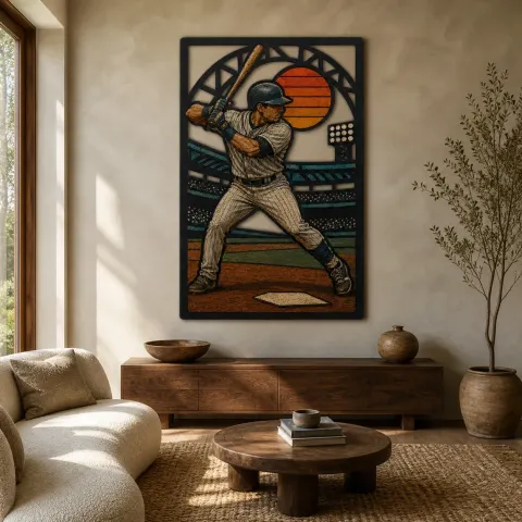 Bateador de Béisbol en Estadio al Atardecer Decoración Mural de Metal Colorida