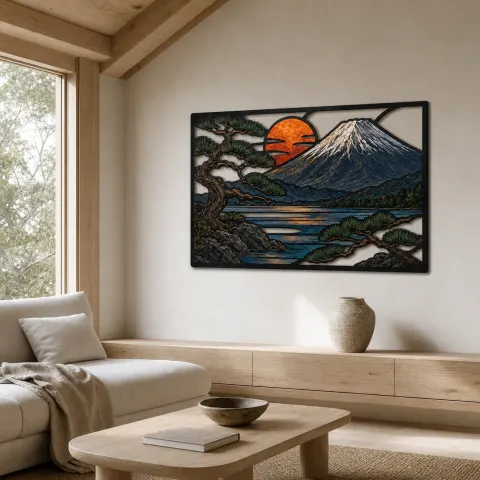 Vista alternativa de Monte Fuji con Pino y Atardecer de Cobre Decoración Mural de Metal Colorida