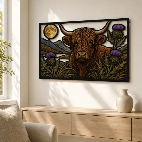 Vista alternativa de Vaca de las Tierras Altas con Cardos Escoceses y Luna Llena en Cartel de Metal Colorido