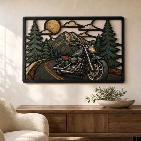 Cartel de metal colorido de motocicleta cruiser en carretera de montaña bajo luna llena