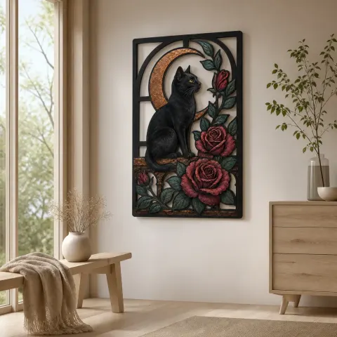 Vista alternativa de Gato negro con rosas rojas y luna creciente Decoración mural de metal colorida