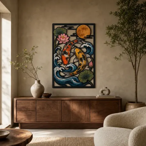Pareja de Koi en Olas Oceánicas bajo la Luna Llena Decoración Mural de Metal Colorida