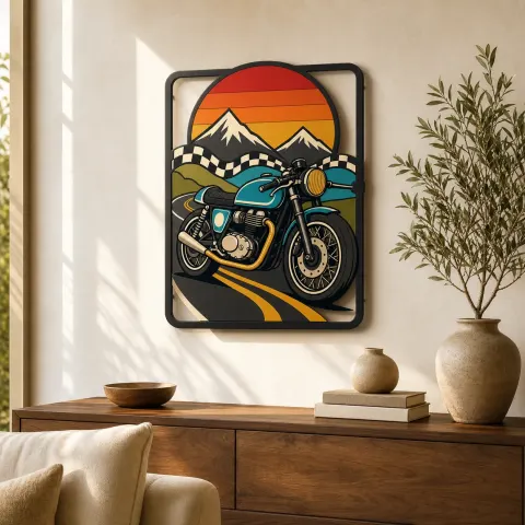 Arte Mural de Metal Colorido de Motocicleta Vintage en Carretera de Montaña al Atardecer