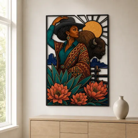Vista alternativa de Vaquera negra con bisonte y flores protea Decoración mural de metal colorida