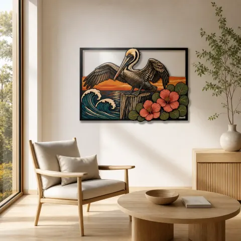 Vista alternativa de Pelícano junto a Olas del Océano con Flores de Hibisco Decoración Mural de Metal Colorida