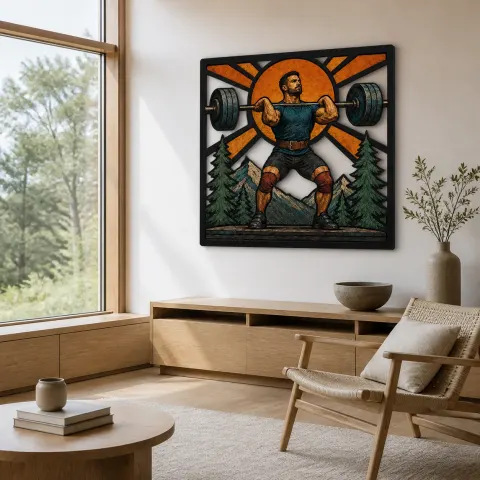Vista alternativa de Arte Mural de Metal Colorido de Levantador de Pesas Presionando Barra en Gimnasio de Montaña