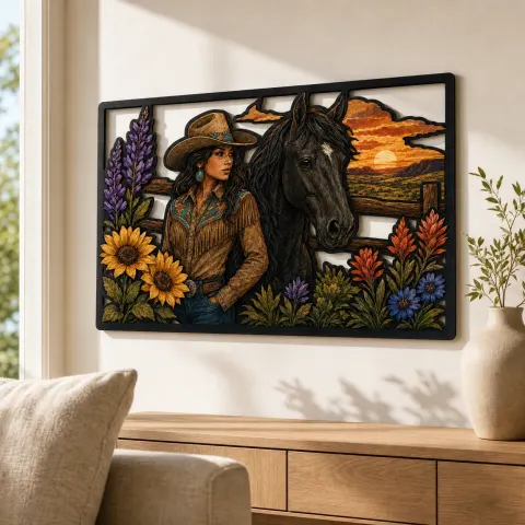 Vista alternativa de Vaquera con Caballo Negro y Flores Silvestres de Montaña Cartel de Metal Colorido