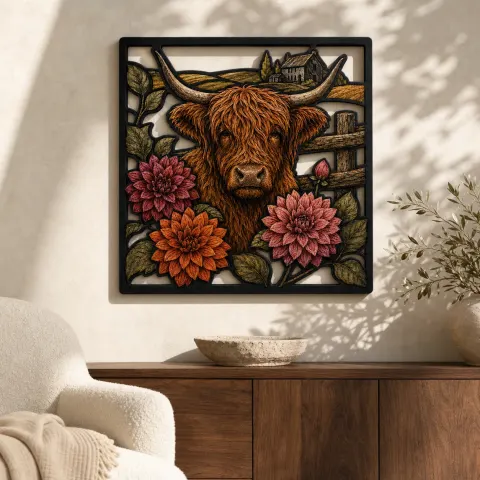 Vaca de las Tierras Altas con Dalias y Cerca Rústica en Cartel de Metal Colorido