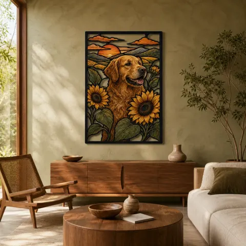 Golden Retriever con Girasoles al Atardecer Decoración Mural de Metal Colorida
