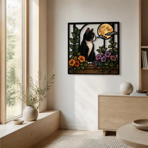 Vista alternativa di Insegna in metallo colorata del gatto tuxedo nella finestra fiorita sotto la luna piena