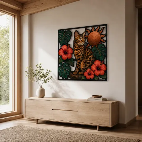 Vista alternativa de Gato Bengalí con Hibisco Tropical y Sol Decoración Mural de Metal Colorida