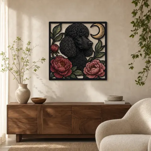 Poodle Negro con Peonías Rosadas y Luna Creciente Decoración Mural de Metal Colorida