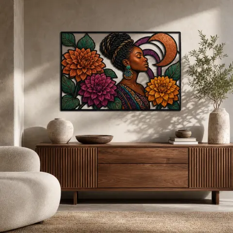 Mujer Afro con Dalias Coloridas y Círculos de Cobre Arte Mural de Metal