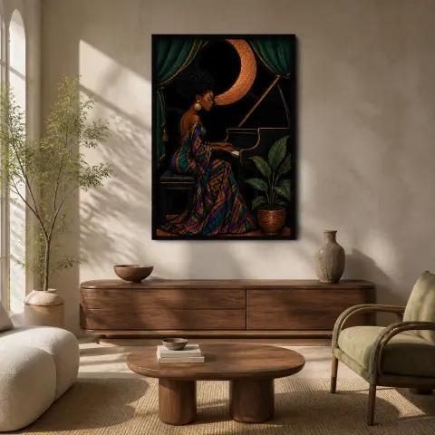 Femme Afro Jouant du Piano sous la Lune Croissante - Décoration Murale en Métal Colorée