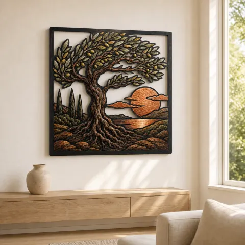 Vista alternativa de Árbol de Olivo a la Deriva sobre Atardecer Costero Decoración Mural de Metal Colorida