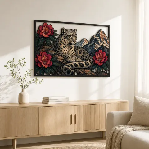 Vista alternativa de Leopardo de Nieve con Peonías en Paisaje Montañoso Decoración Mural de Metal Colorida