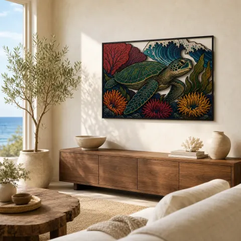 Tortuga Marina con Coral y Olas del Océano Decoración Mural de Metal Colorida