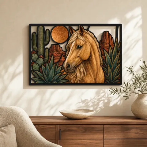 Caballo Palomino con Cactus y Luna del Desierto Decoración Mural de Metal Colorida