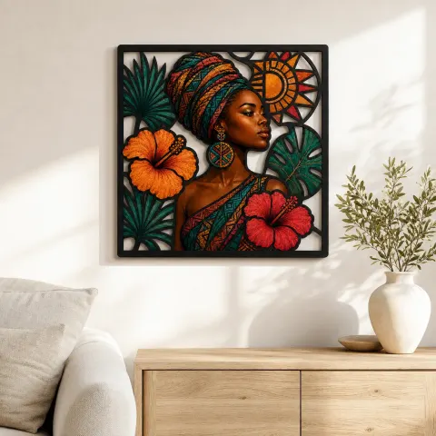 Vue alternative de Femme Afro avec Turban et Hibiscus Tropical - Décoration Murale en Métal Colorée