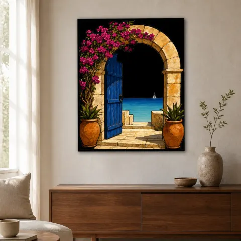 Puerta Mediterránea Azul con Bugambilias y Mar Decoración Mural de Metal Colorida
