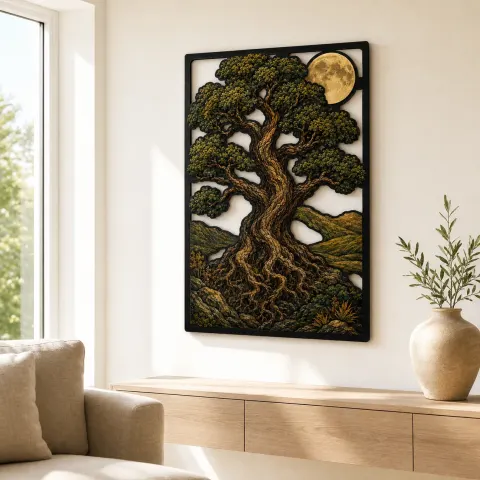Vista alternativa de Árbol de Vida Roble Antiguo bajo la Luna Llena Decoración Mural de Metal Colorida