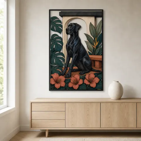 Vista alternativa de Gran Danés Negro con Hojas Tropicales y Hibisco Decoración Mural de Metal Colorida