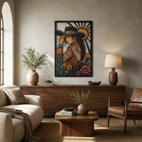 Retrato de Vaquera con Cactus y Flores Silvestres del Desierto Cartel de Metal Colorido