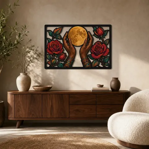 Mains Tenant la Pleine Lune entre des Roses Rouges Décoration Murale en Métal Colorée