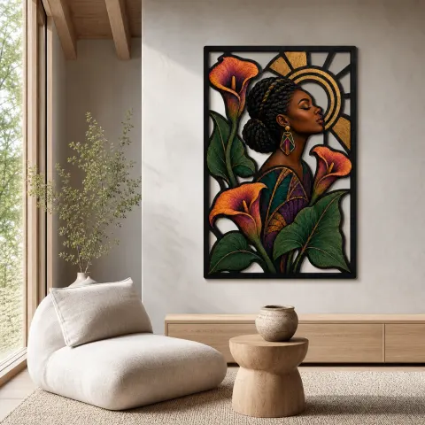 Vue alternative de Femme Afro avec des Lys Calla et un Halo Doré Art Mural en Métal Coloré