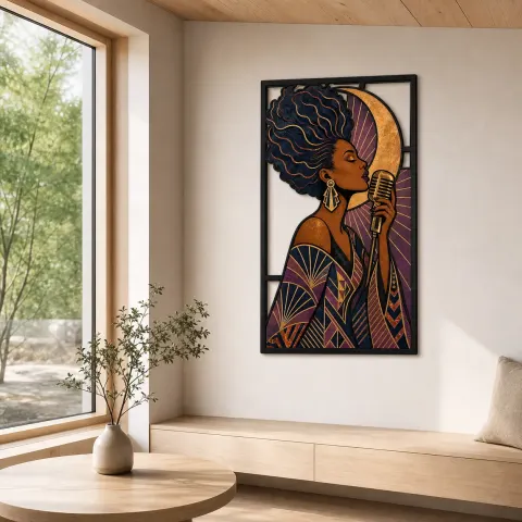 Vue alternative de Chanteuse Afro Jazz avec Micro Vintage et Lune Cuivrée - Décoration Murale en Métal Colorée