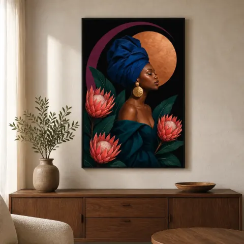 Mujer Negra con Pañuelo Azul y Flores Protea Arte Mural de Metal Colorido