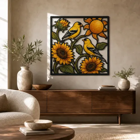 Pareja de Jilgueros con Girasoles y Sol Dorado Decoración Mural de Metal Colorida