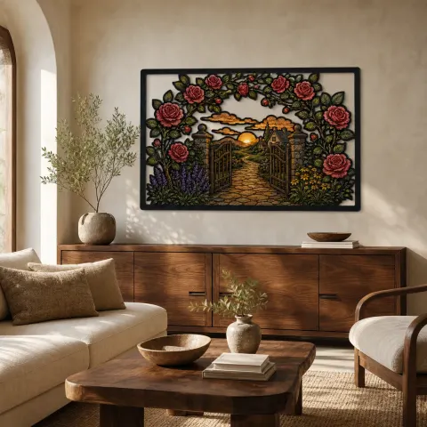 Cancello del Giardino di Rose che Porta a una Casa di Campagna Insegna in Metallo Colorata