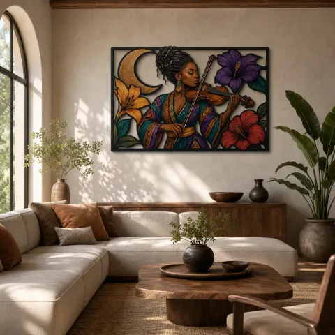 Femme Afro Violoniste avec Hibiscus et Lune - Décoration Murale en Métal Colorée