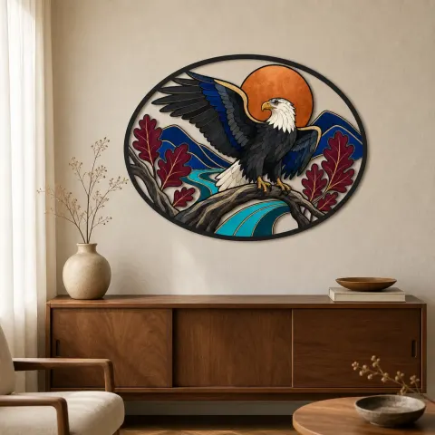 Águila Calva en Rama de Roble bajo Luna de Cobre Decoración Mural de Metal Colorida