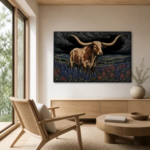 Vista alternativa di Longhorn del Texas nel Campo di Bluebonnet sotto Nuvole Tempestose Insegna in Metallo Colorata