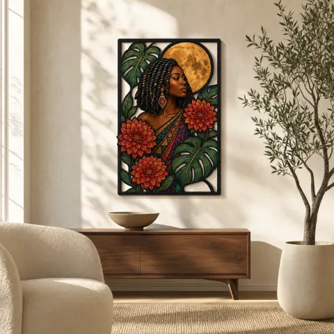 Mujer Afro con Dalias y Luna Llena Arte Mural de Metal Colorido