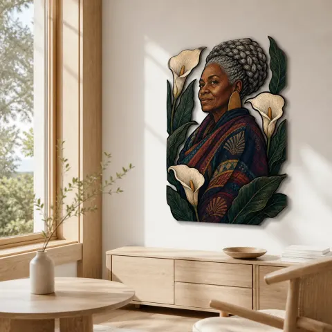 Vista alternativa de Mujer negra anciana con lirios blancos - Arte mural de metal colorido