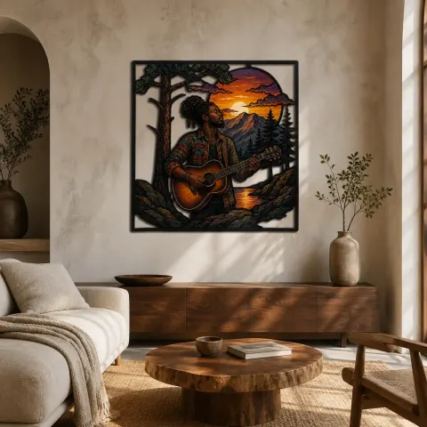 Guitarrista Acústico junto al Lago de Montaña al Atardecer - Decoración Mural de Metal Colorida